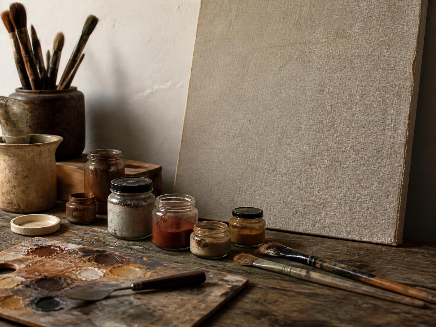 Brushes, pigments and raw canvas in the studio